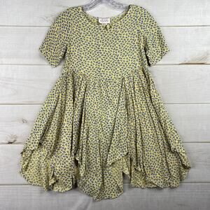 Roody Kazoody Girls Dress Sz 7 Yellow Blue Floral Boho Asymmetrical Hem Vtg 90s